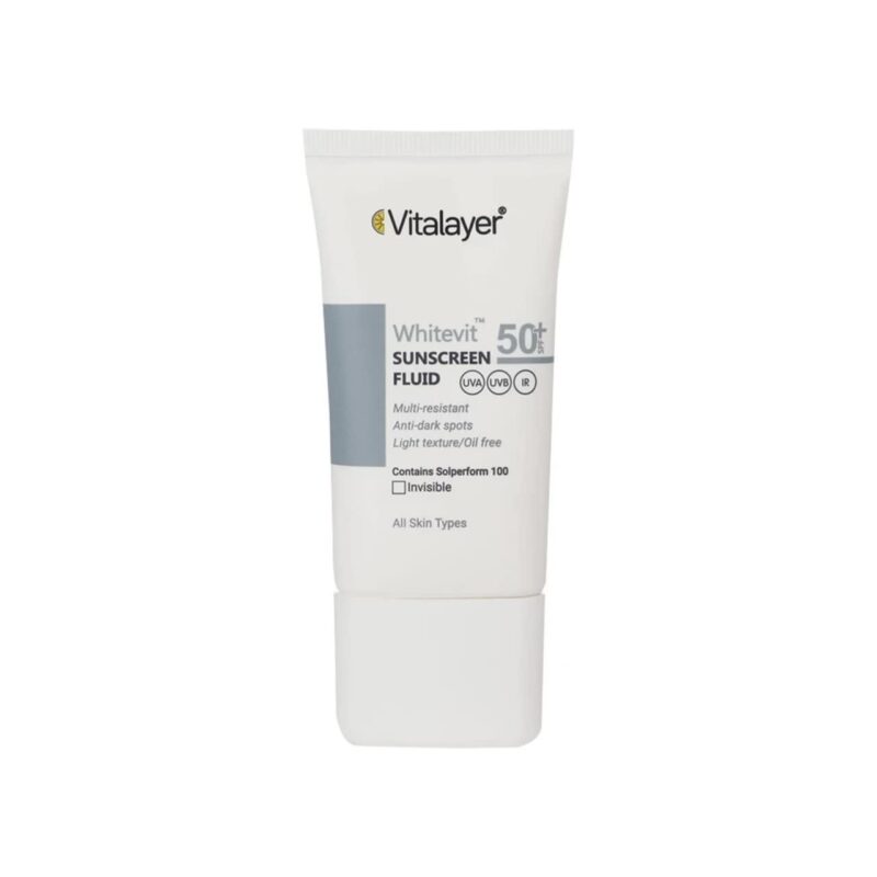 فلوئید ضدآفتاب ویتالیر مدل وایت ویت مناسب پوست لک SPF 50 بی رنگ