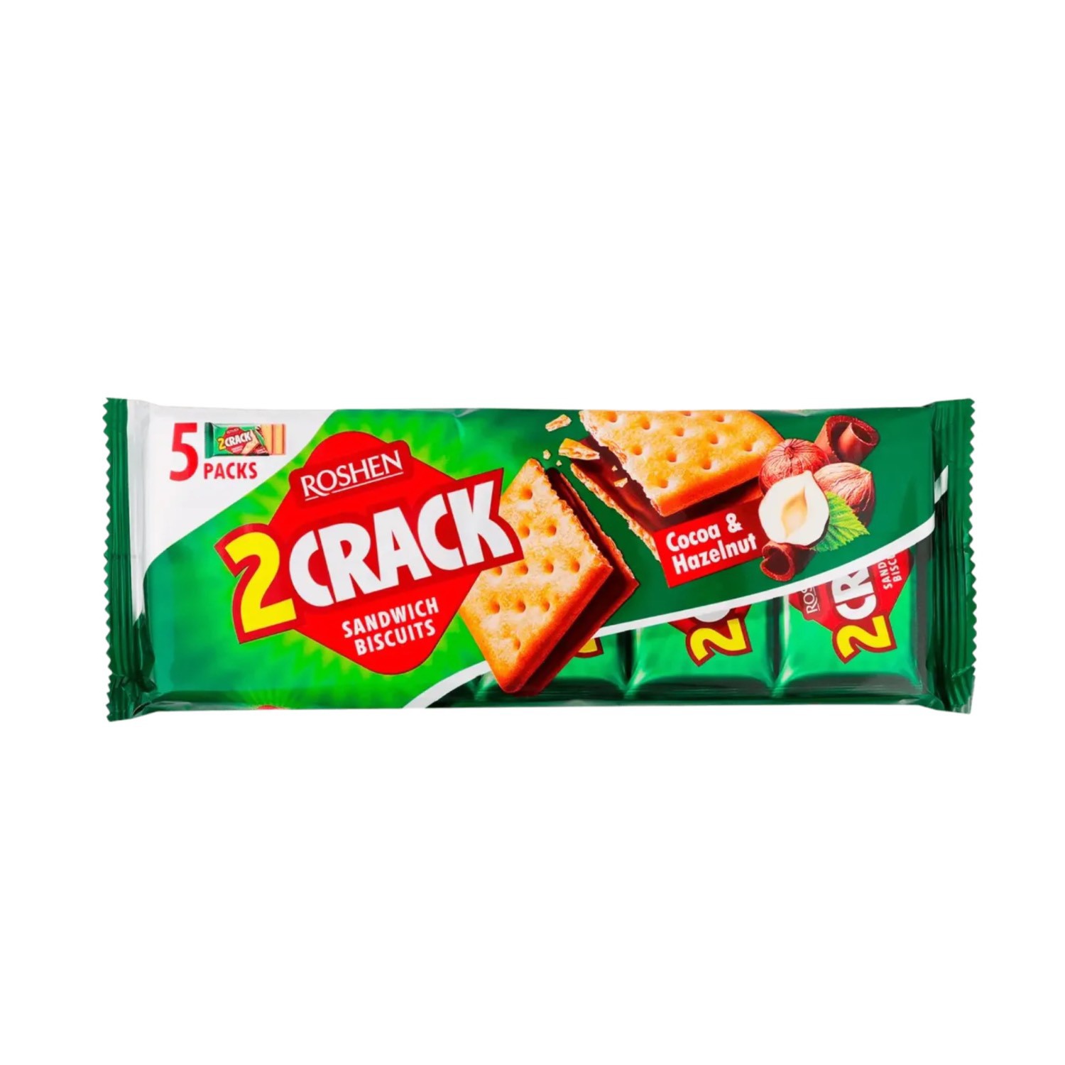 بیسکویت ساندویچی روشن 2 کراک با طعم کاکائو و فندق وزن 190 گرم